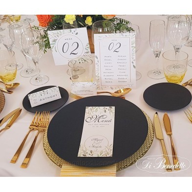 Marca sitio con nombre del invitado para mesa banquete de boda diseño hojas de olivo