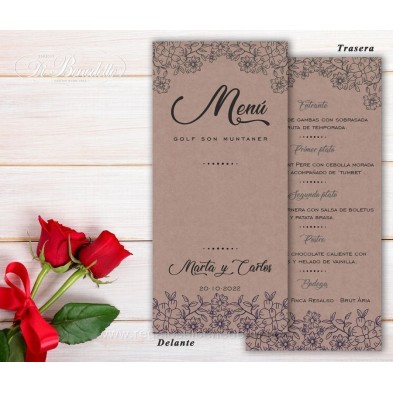 Menú minuta de boda diseño Kraft