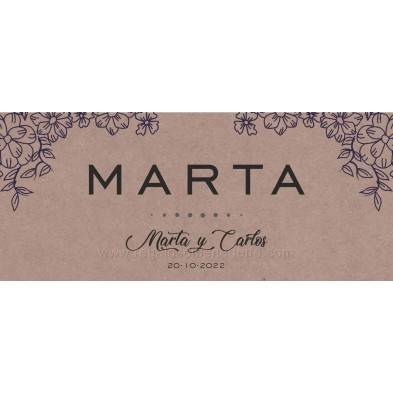 Marca sitio con nombre del invitado para mesa banquete de boda diseño Kraft