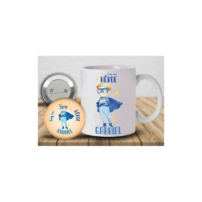 Conjunto de taza y chapa niño "Soy un héroe"