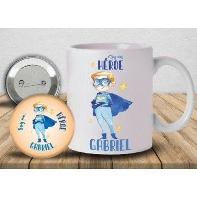 Conjunto de taza y chapa niño "Soy un héroe"