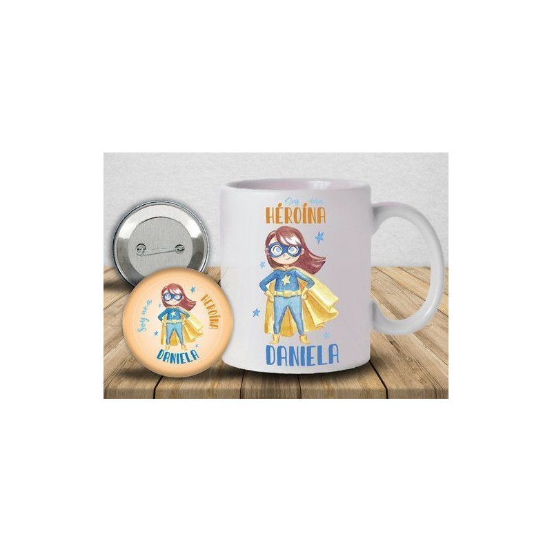 Conjunto de taza y chapa niña "Soy una heroína"