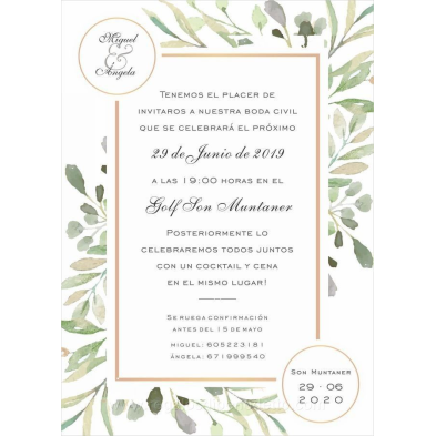 Invitación de boda hojas de olivo