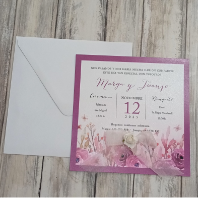 Invitación flores lila con lazo 