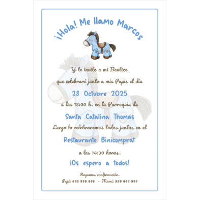 Invitación bautizo caballito azul