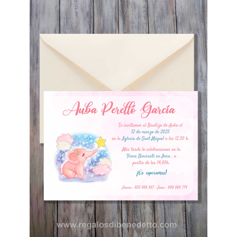 Invitación bautizo elefante rosa