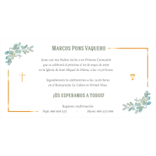 Invitación de Primera Comunión clásica hojas verdes