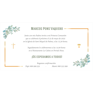 Invitación de Primera Comunión clásica hojas verdes