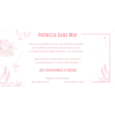 Invitación de Primera Comunión clásica rosa