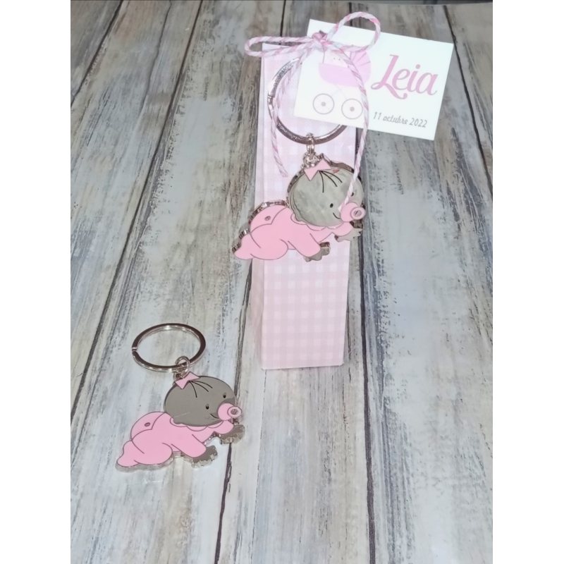 Llavero bebé gateando rosa con caja de peladillas