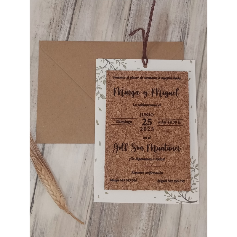 Invitación de boda corcho ramas