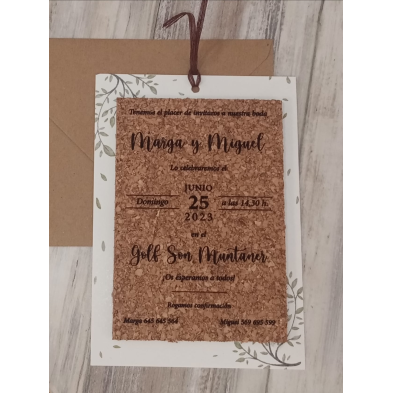 Invitación de boda corcho ramas