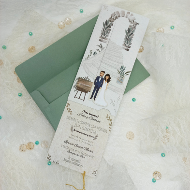 Invitación de boda pareja bajando escaleras