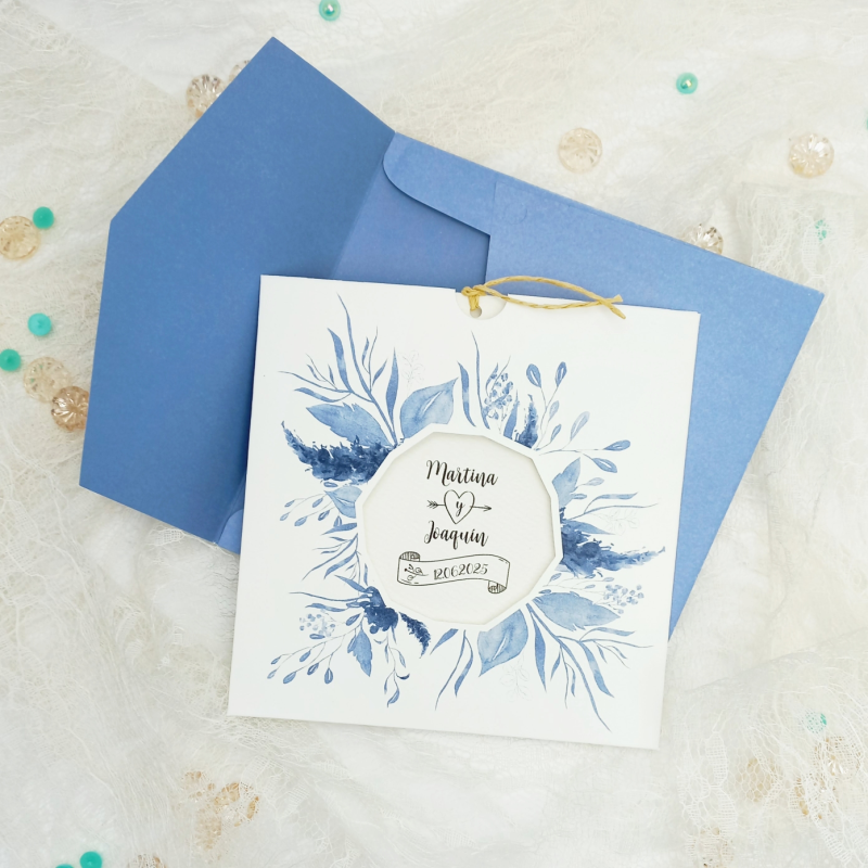 Invitación de boda flores azules