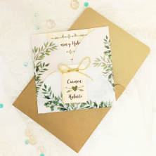 Invitación de boda papel vegetal hojas verdes