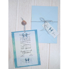 Invitación de boda caballitos de mar papel vegetal sobre azul