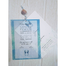 Invitación de boda caballitos de mar papel vegetal sobre azul
