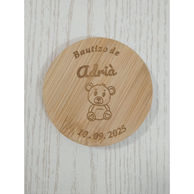 Abridor madera con imán bautizo grabado osito