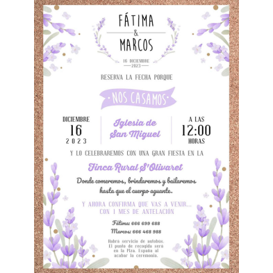 Invitación de boda corcho lavanda