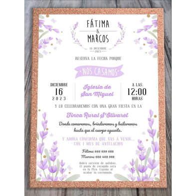 Invitación de boda corcho lavanda