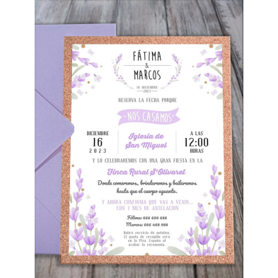 Invitación de boda corcho lavanda