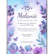 Invitación 15 flores lila y azul
