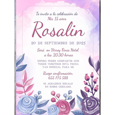 Invitación 15 flores rosa y azul